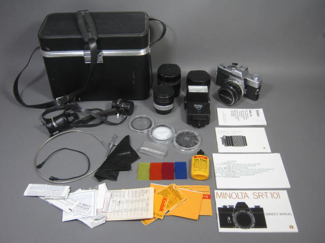 Minolta SRT 101 35mm SLR Film Camera 58mm f/1.4 2.8 Lens Vivitar Flash Case/Bag+
