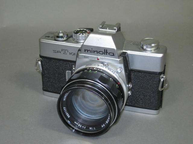 Minolta SRT 101 35mm SLR Film Camera 58mm f/1.4 2.8 Lens Vivitar Flash Case/Bag+ 2