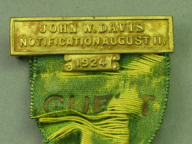 1924 Davis/Bryan Campaign Convention Guest Pin Pinback Button Badge Ribbon 3" NR 1