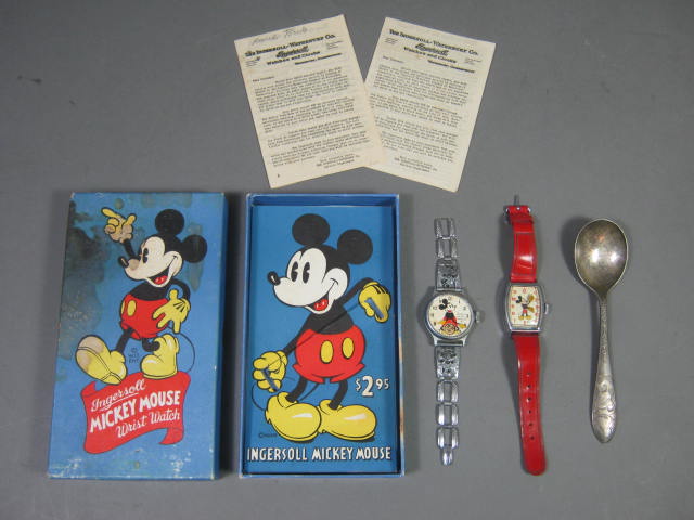 Vtg 1930s 1940s Mickey Mouse Ingersoll US Time Watch Rogers Spoon Lot Orig Box 1