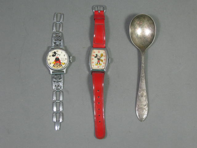 Vtg 1930s 1940s Mickey Mouse Ingersoll US Time Watch Rogers Spoon Lot Orig Box 7
