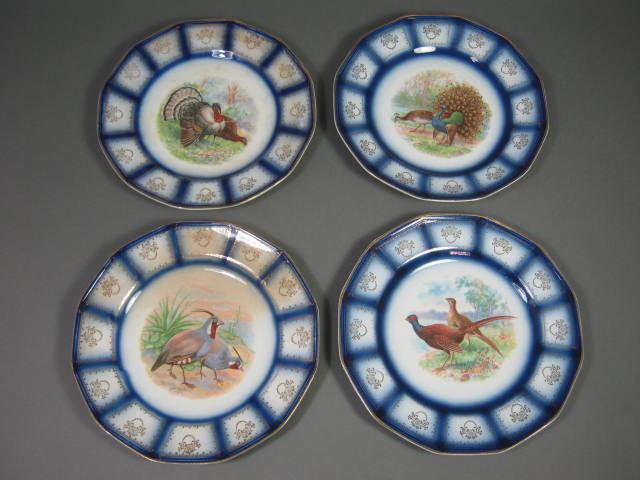 4 Sterling China RK Beck Game Bird Plates Flow Blue Gold Trim Turkey Pheasant NR