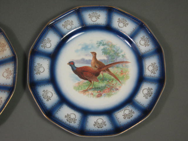 4 Sterling China RK Beck Game Bird Plates Flow Blue Gold Trim Turkey Pheasant NR 1