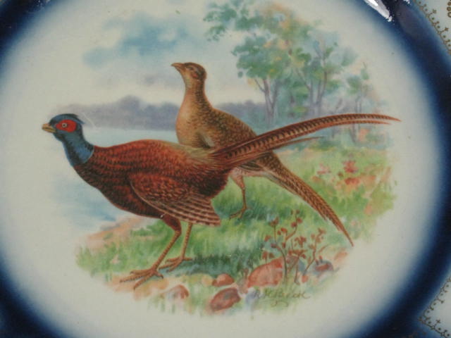4 Sterling China RK Beck Game Bird Plates Flow Blue Gold Trim Turkey Pheasant NR 2