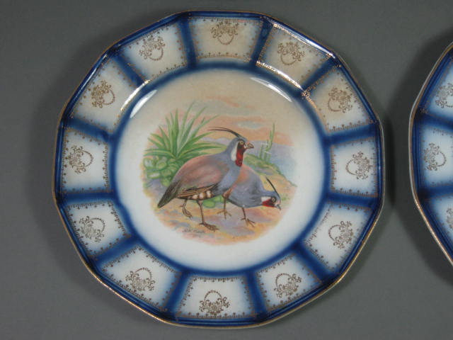 4 Sterling China RK Beck Game Bird Plates Flow Blue Gold Trim Turkey Pheasant NR 3