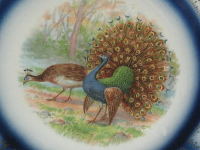 4 Sterling China RK Beck Game Bird Plates Flow Blue Gold Trim Turkey Pheasant NR 6
