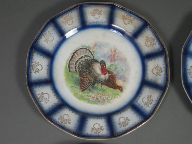 4 Sterling China RK Beck Game Bird Plates Flow Blue Gold Trim Turkey Pheasant NR 7