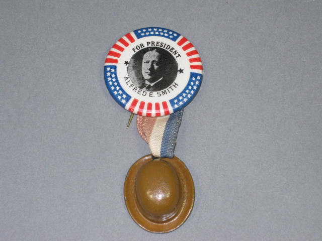 1928 Alfred Al Smith Derby Bowler Hat Campaign Pin Pinback Button W/ Ribbon NR!