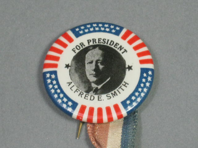 1928 Alfred Al Smith Derby Bowler Hat Campaign Pin Pinback Button W/ Ribbon NR! 1