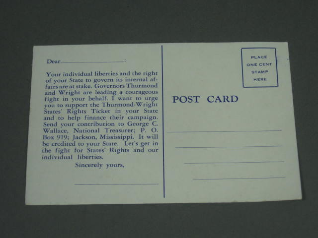 1948 Thurmond/Wright States Rights Democrat Campaign Jugate Postcard Geo Wallace 3