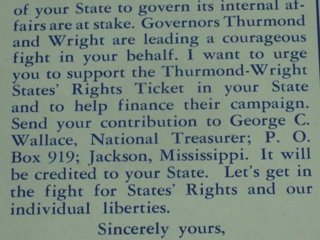 1948 Thurmond/Wright States Rights Democrat Campaign Jugate Postcard Geo Wallace 4