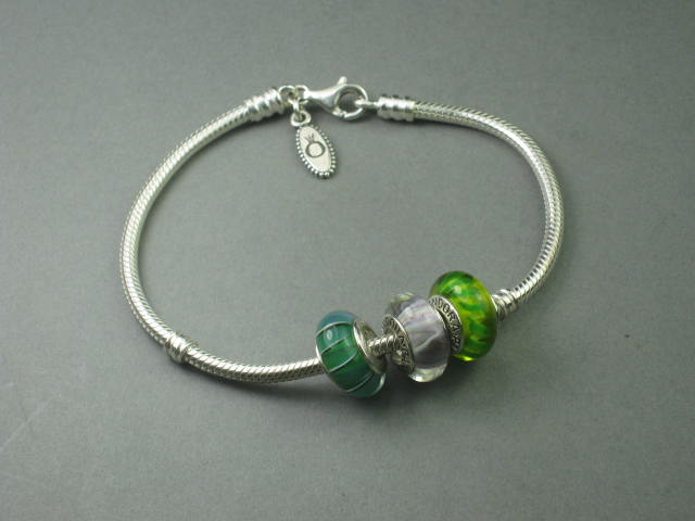 Authentic Pandora Sterling Silver Bracelet W/ 3 925 ALE Murano Glass Beads + Box 1
