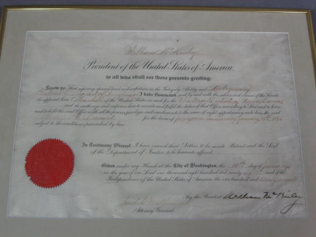 1898 President William McKinley Signed Appointment NR 1