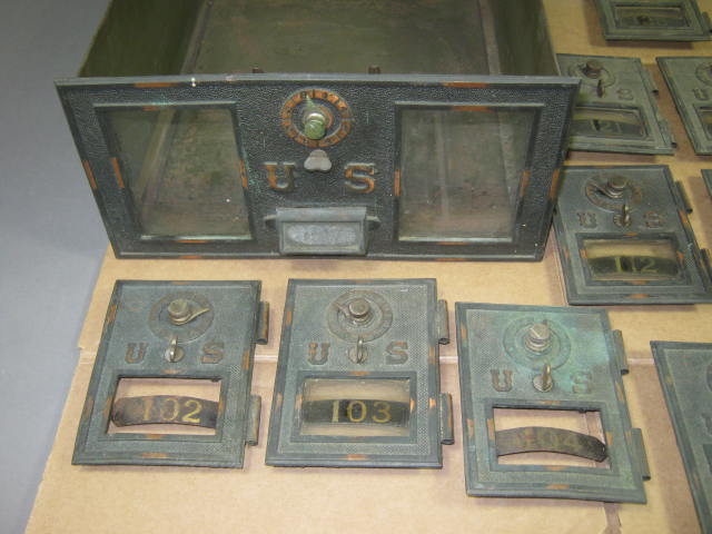 Vtg US Post Office Postal Mail Box 16 Combination Lock Doors Glass Front Brass? 1