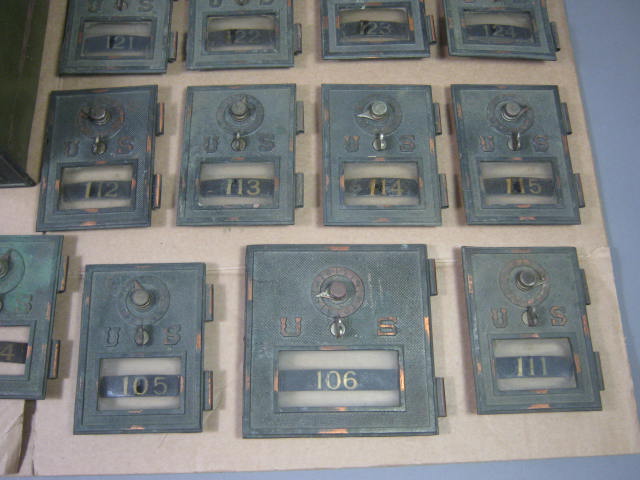Vtg US Post Office Postal Mail Box 16 Combination Lock Doors Glass Front Brass? 2