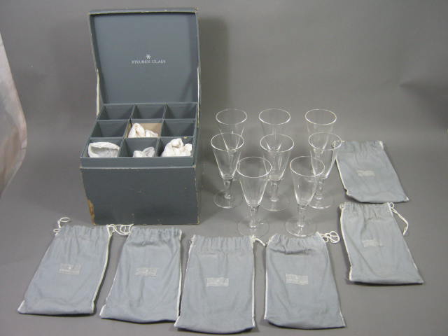 8 Vtg Steuben 7" Glasses Crystal Teardrop Stem Set Lot W/ Box Signed 1950s NR!