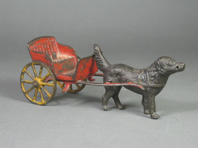 Original Antique Harris Cast Iron Dog Pulling Wagon Buggy Cart Figurine Toy 7"