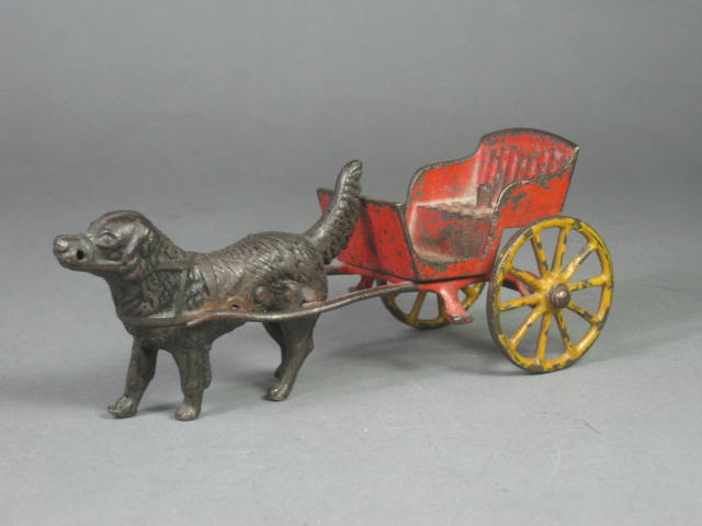 Original Antique Harris Cast Iron Dog Pulling Wagon Buggy Cart Figurine Toy 7" 1