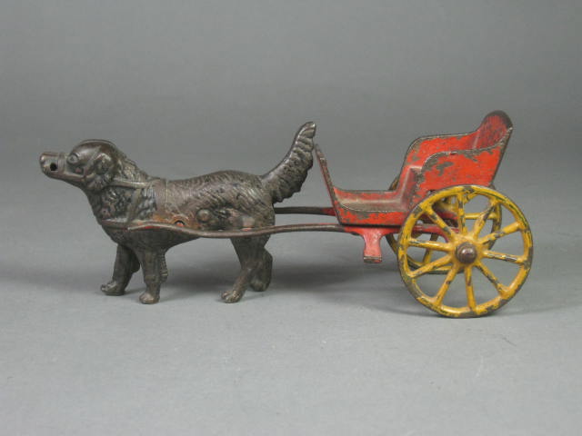 Original Antique Harris Cast Iron Dog Pulling Wagon Buggy Cart Figurine Toy 7" 2
