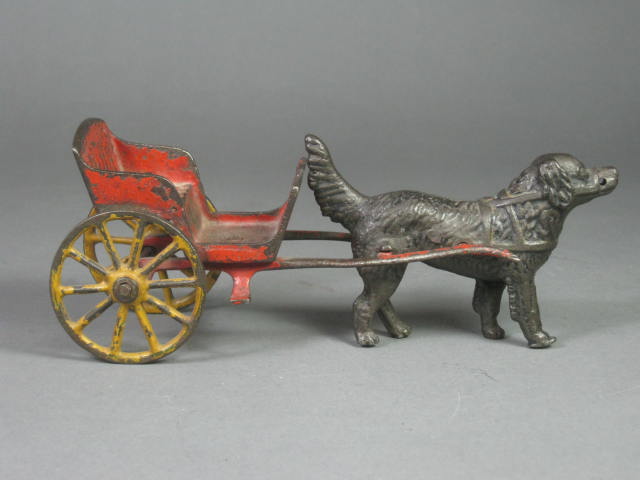 Original Antique Harris Cast Iron Dog Pulling Wagon Buggy Cart Figurine Toy 7" 3