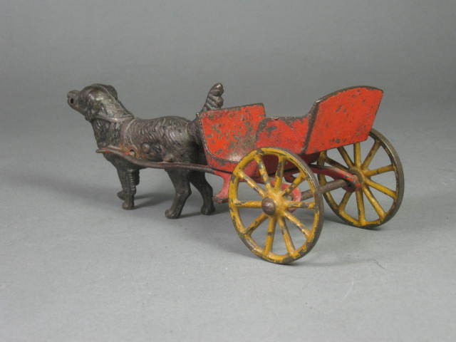 Original Antique Harris Cast Iron Dog Pulling Wagon Buggy Cart Figurine Toy 7" 4