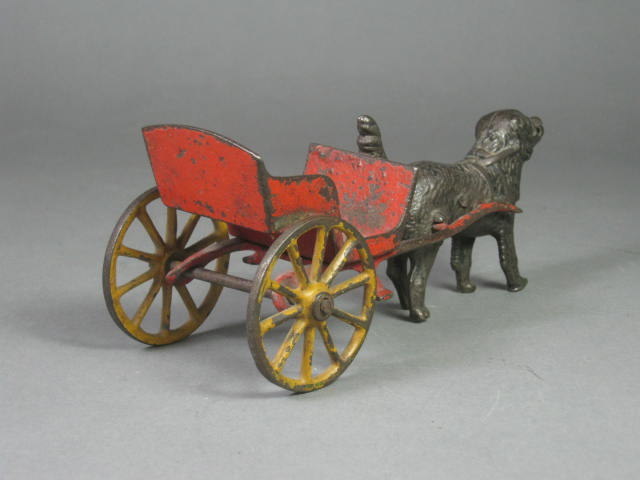 Original Antique Harris Cast Iron Dog Pulling Wagon Buggy Cart Figurine Toy 7" 5