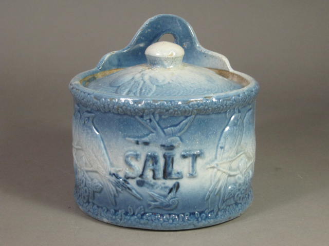 Antique Love Bird Blue Glazed Stoneware Pottery Wall Mounted Salt Box Bin Cellar
