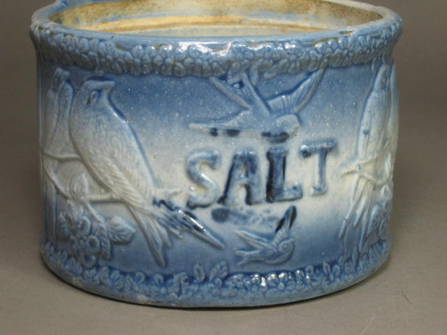 Antique Love Bird Blue Glazed Stoneware Pottery Wall Mounted Salt Box Bin Cellar 1