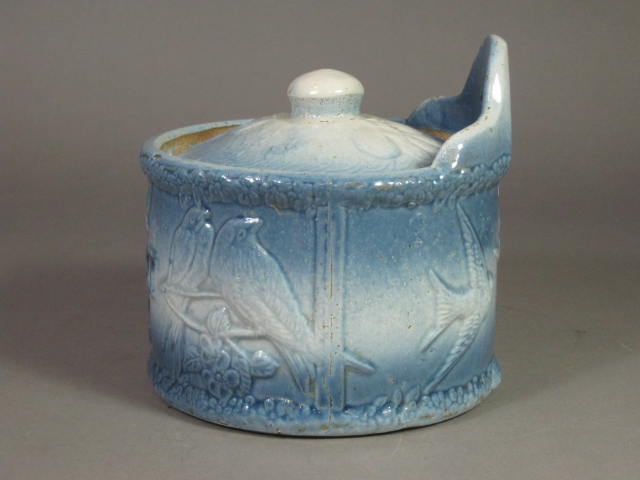 Antique Love Bird Blue Glazed Stoneware Pottery Wall Mounted Salt Box Bin Cellar 2
