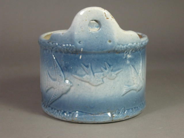 Antique Love Bird Blue Glazed Stoneware Pottery Wall Mounted Salt Box Bin Cellar 3