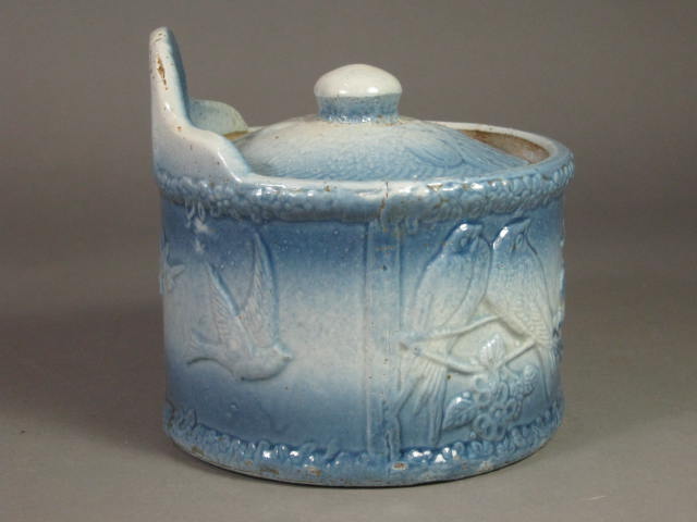 Antique Love Bird Blue Glazed Stoneware Pottery Wall Mounted Salt Box Bin Cellar 4