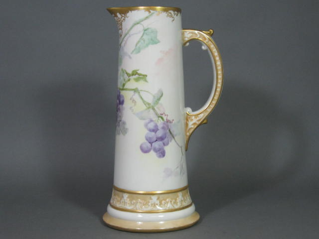 Antique 1901 Hand Painted 14" Belleek Pitcher Tankard Grape Design Artist Signed 1