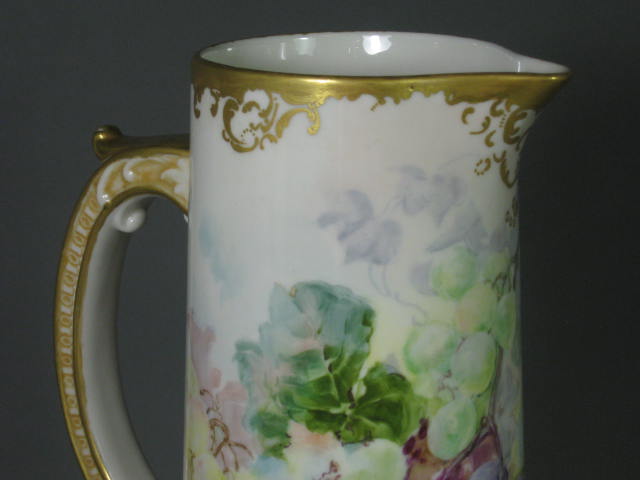 Antique 1901 Hand Painted 14" Belleek Pitcher Tankard Grape Design Artist Signed 4