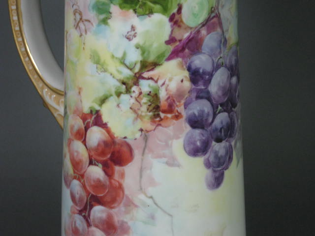 Antique 1901 Hand Painted 14" Belleek Pitcher Tankard Grape Design Artist Signed 5