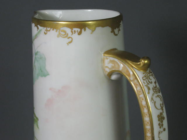 Antique 1901 Hand Painted 14" Belleek Pitcher Tankard Grape Design Artist Signed 7