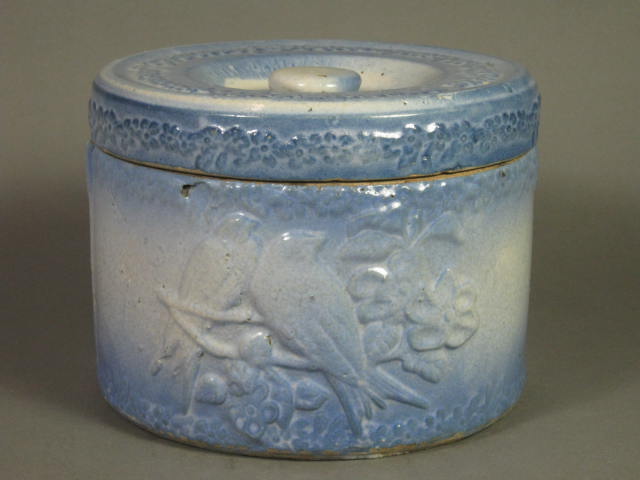 Antique Blue Stoneware Salt Glazed Love Birds Lovebirds Biscuit Jar Canister NR!