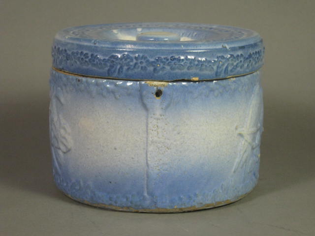 Antique Blue Stoneware Salt Glazed Love Birds Lovebirds Biscuit Jar Canister NR! 1