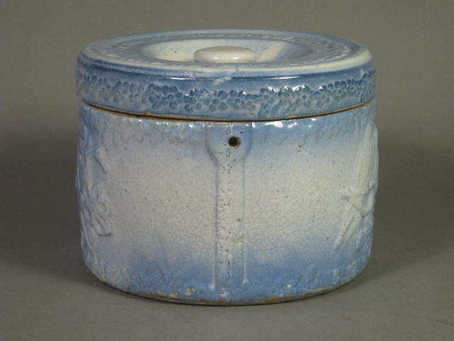 Antique Blue Stoneware Salt Glazed Love Birds Lovebirds Biscuit Jar Canister NR! 3