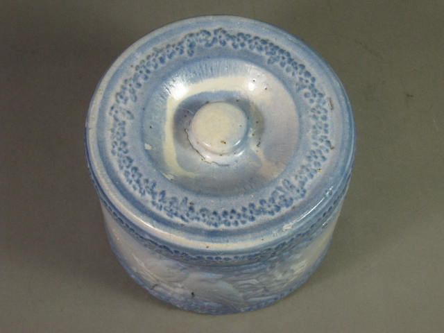Antique Blue Stoneware Salt Glazed Love Birds Lovebirds Biscuit Jar Canister NR! 4