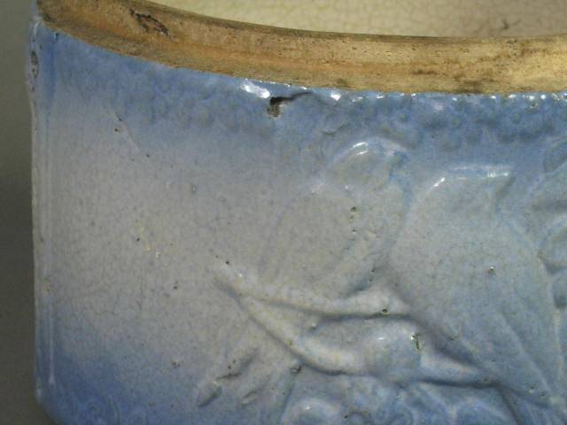 Antique Blue Stoneware Salt Glazed Love Birds Lovebirds Biscuit Jar Canister NR! 6