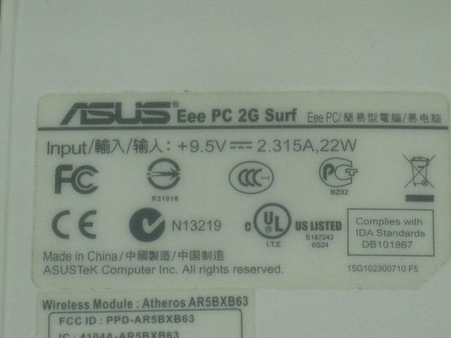 Asus EEE PC 2G Surf Netbook Laptop W/ AC Adapter 512MB 2GB WiFi + Green/White NR 9