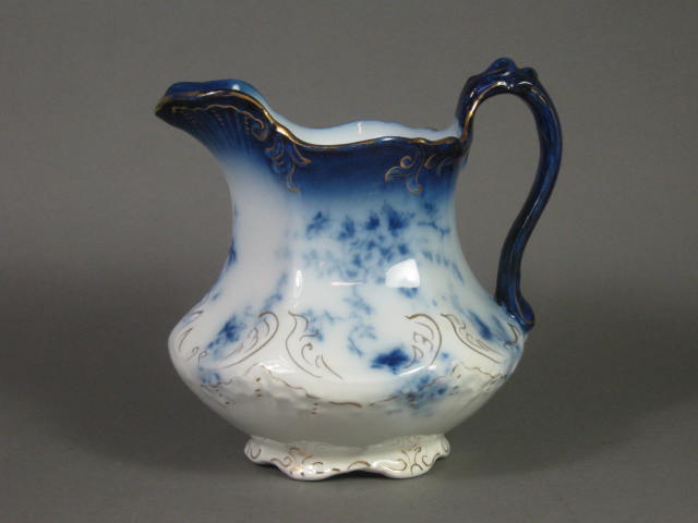 Antique Wheeling Pottery LaBelle Flow Blue Pitcher 6.5" Inches Gilt Gold Painted