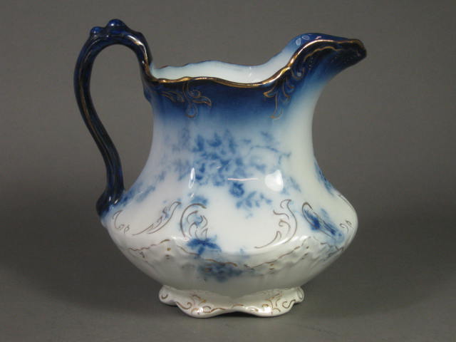 Antique Wheeling Pottery LaBelle Flow Blue Pitcher 6.5" Inches Gilt Gold Painted 1