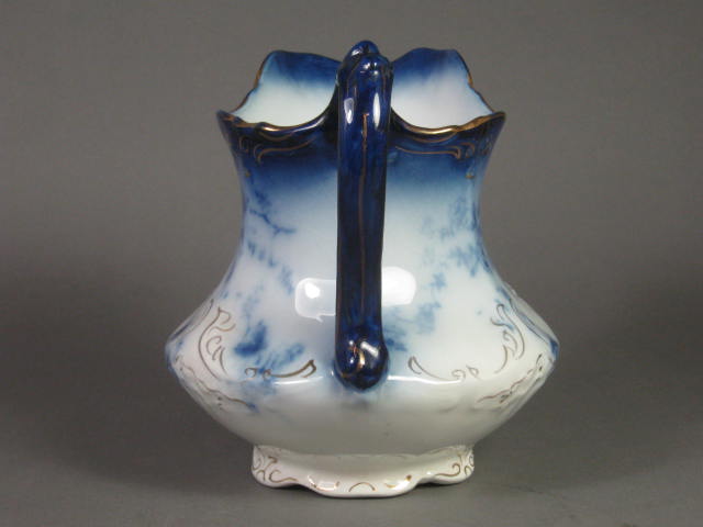 Antique Wheeling Pottery LaBelle Flow Blue Pitcher 6.5" Inches Gilt Gold Painted 3
