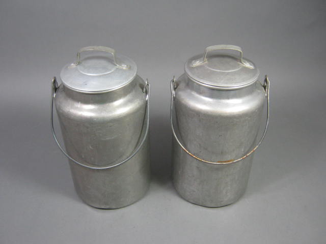2 Vtg Leyse 4-Qt Quart Aluminum Milk Pail Can Jug Bucket W/Bail Handle Lid Cover