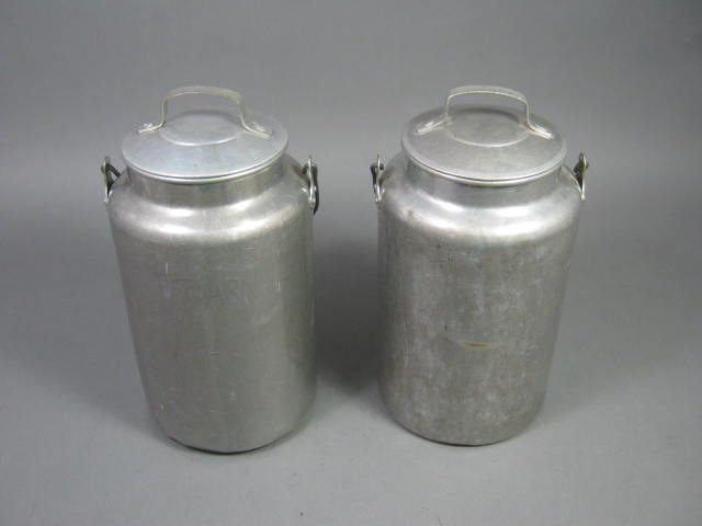 2 Vtg Leyse 4-Qt Quart Aluminum Milk Pail Can Jug Bucket W/Bail Handle Lid Cover 1