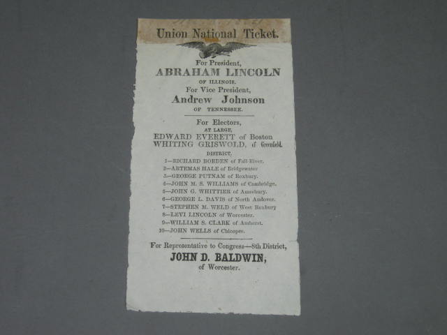 1864 Abraham Lincoln Johnson Campaign Massachusetts Union National Ticket Ballot
