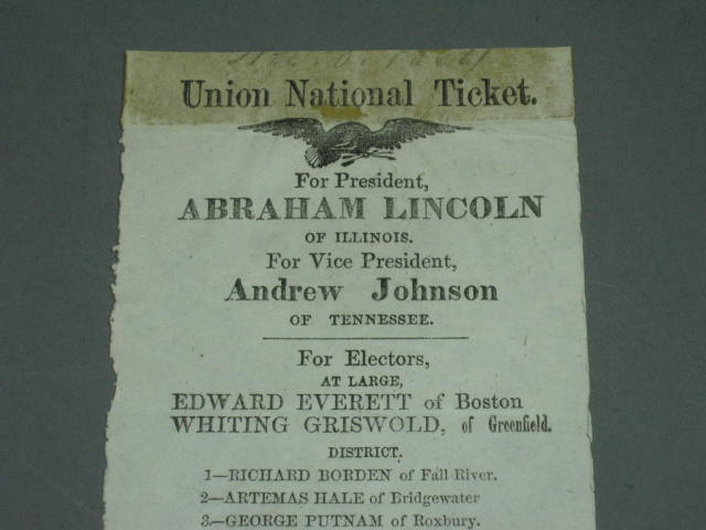 1864 Abraham Lincoln Johnson Campaign Massachusetts Union National Ticket Ballot 1