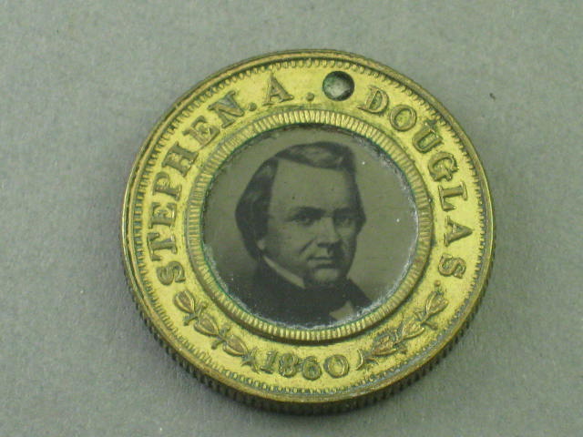 1860 Steven A Douglas Herschel V Johnson Campaign Ferrotype Pin Button Token NR!