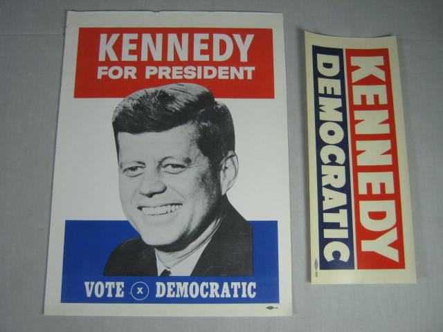 Vtg Original 1960 John F Kennedy JFK President Campaign Poster + Bumper Sticker!
